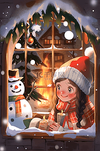 雪边插画图片_卡通圣诞节可爱女孩圣诞屋手绘插画