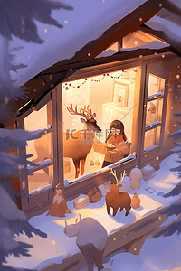 圣诞节麋鹿手绘木屋插画海报