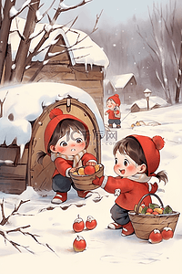 新年冬天玩耍可爱孩子手绘插画