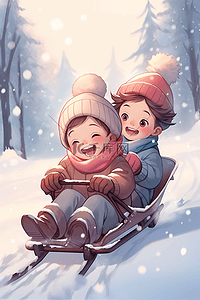 棉棉心意插画图片_手绘冬天坐雪橇滑雪孩子插画海报