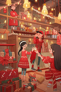 卡通手绘商店插画图片_手绘元素圣诞节卡通商店人物