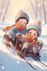 坐雪橇滑雪冬天孩子手绘插画海报