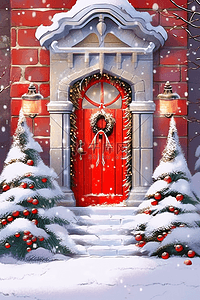 红色装饰插画图片_门外圣诞树装饰插画圣诞节海报
