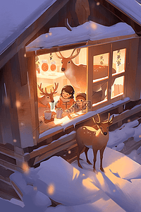 圣诞节麋鹿木屋手绘海报插画