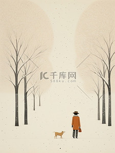 艺术招生易拉宝插画图片_冬天公园拉着小狗散步17