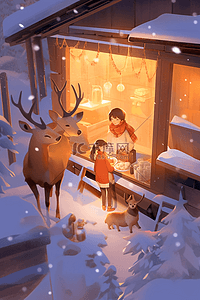 高亮节能环保插画图片_麋鹿圣诞节木屋手绘插画海报