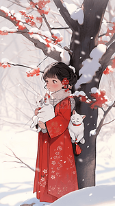 中国风冬天雪天樱花树女孩插画手绘