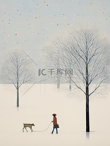 艺术招生易拉宝插画图片_冬天公园拉着小狗散步13