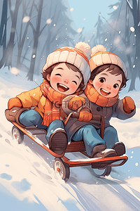 冬天插画坐雪橇滑雪孩子手绘海报