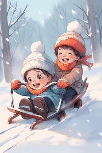 冬天坐雪橇滑雪孩子手绘插画海报