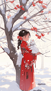 中国风插画冬天雪天樱花树女孩手绘