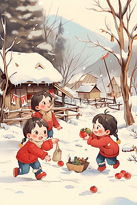 冬天可爱孩子玩耍新年手绘插画