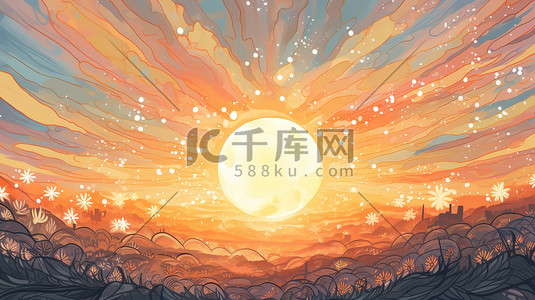 太阳橙色插画图片_日出时射线橙色天空17