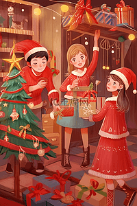 圣诞节红色卡通插画图片_手绘圣诞节商店卡通元素人物