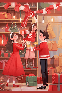圣诞节红色卡通插画图片_卡通手绘圣诞节商店元素人物