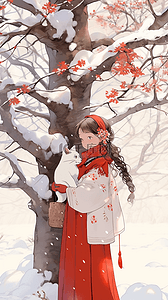 中国风冬天手绘雪天樱花树女孩插画