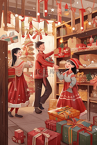 圣诞节红色卡通插画图片_圣诞节商店人物卡通手绘元素