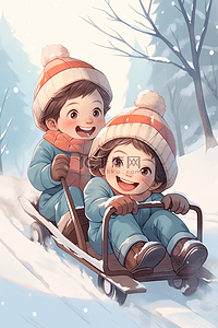 冬天雪橇的插画图片_冬天坐雪橇滑雪孩子手绘海报插画