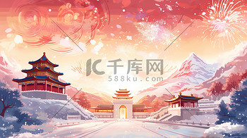 元旦新年古建筑中国风插画16