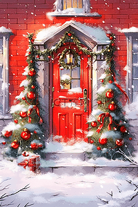 手绘红色圣诞树插画图片_圣诞节插画门外圣诞树装饰海报