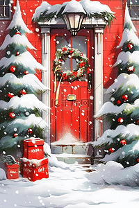 海报圣诞节门外圣诞树装饰插画