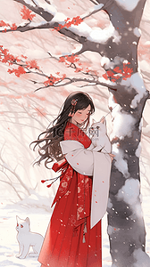 游戏比一比插画图片_中国风手绘冬天雪天樱花树女孩插画