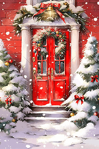 圣诞节喜庆红色插画图片_门外圣诞树圣诞节装饰插画海报