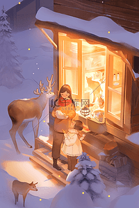圣诞节麋鹿木屋插画手绘海报