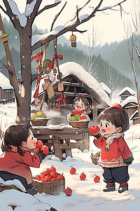 卡通苹果红色插画图片_冬天新年可爱孩子玩耍手绘插画