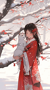 中国风冬天女孩雪天樱花树手绘插画