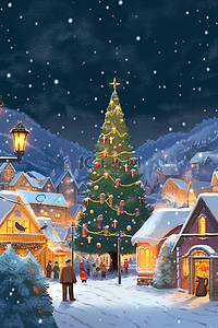 圣诞节海报童话小镇插画