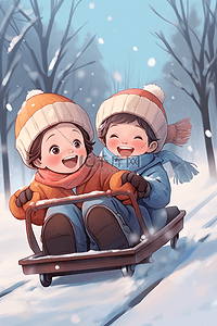 冬天雪橇的插画图片_冬天坐雪橇插画滑雪孩子手绘海报