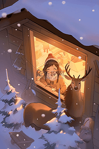 高亮节能环保插画图片_麋鹿木屋手绘插画圣诞节海报