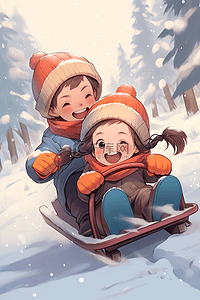 坐雪橇滑雪孩子手绘插画冬天海报
