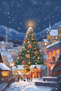 插画海报圣诞节童话小镇