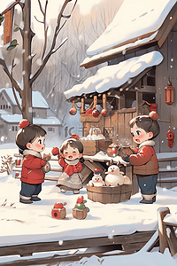 新年冬天可爱孩子玩耍手绘插画