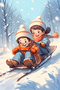 卡通帽子冬天插画图片_冬天坐雪橇手绘滑雪孩子插画海报