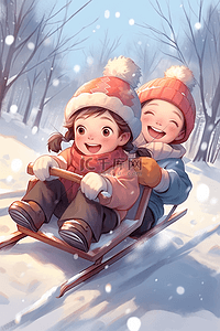冬天雪橇的插画图片_冬天滑雪孩子坐雪橇手绘插画海报