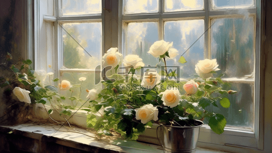玫瑰白色插画图片_窗台上的白色玫瑰插画