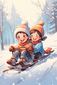 配色海报插画图片_滑雪孩子冬天坐雪橇手绘插画海报