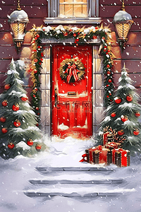 红色氛围插画图片_圣诞节门外圣诞树装饰插画海报