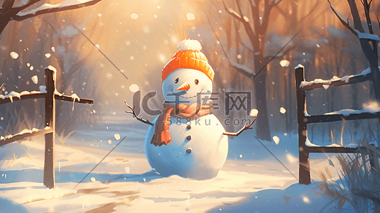 小雪人插画图片_冬日暖阳下雪地中的小雪人