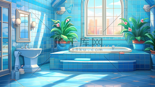 瓷砖台面插画图片_蓝色瓷砖建筑浴室15