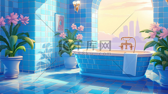瓷砖台面插画图片_蓝色瓷砖建筑浴室10