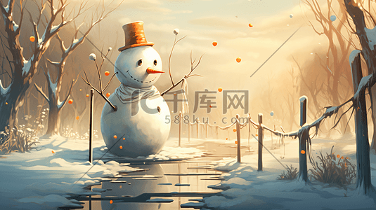 地中海台灯插画图片_冬日暖阳下雪地中的小雪人