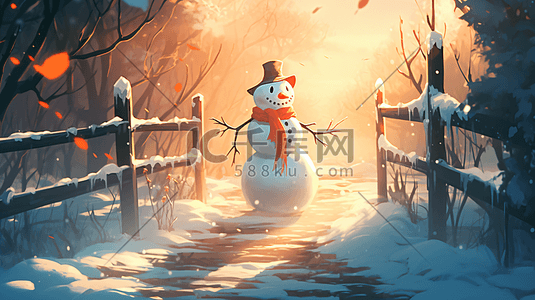 地中海台灯插画图片_冬日暖阳下雪地中的小雪人