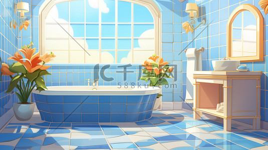 浴室柜空间插画图片_蓝色瓷砖建筑浴室7