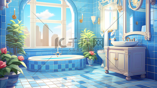 瓷砖台面插画图片_蓝色瓷砖建筑浴室11