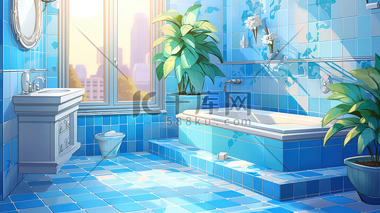 瓷砖台面插画图片_蓝色瓷砖建筑浴室1