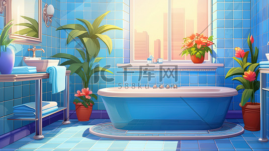 瓷砖台面插画图片_蓝色瓷砖建筑浴室6